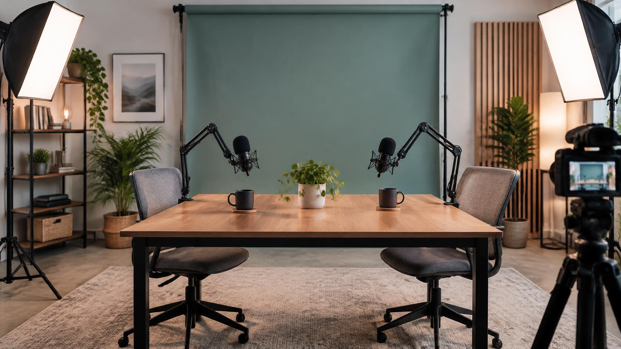 Empty recording studio with microphones and a desk