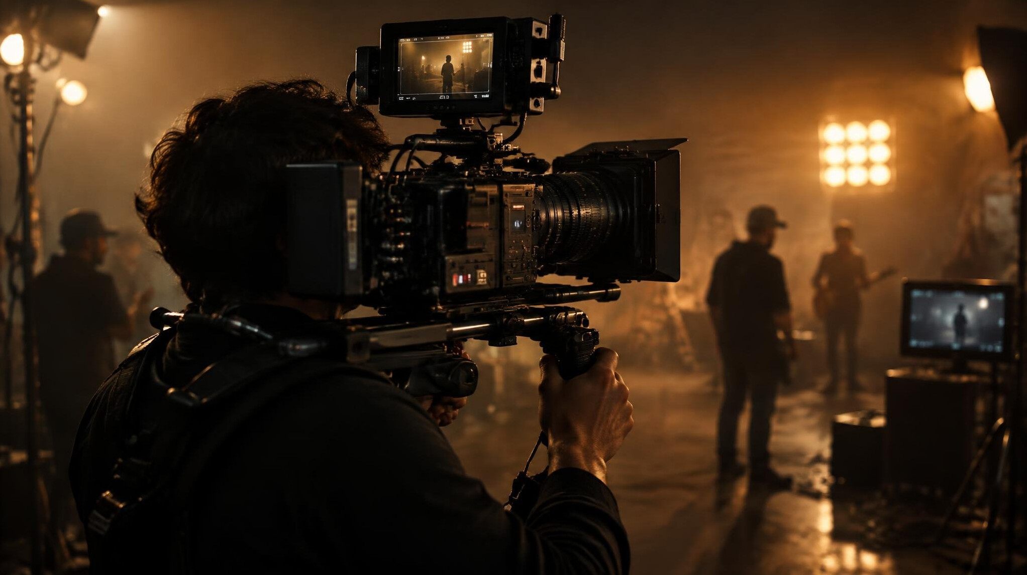 Cinema camera rig on a film set with lights