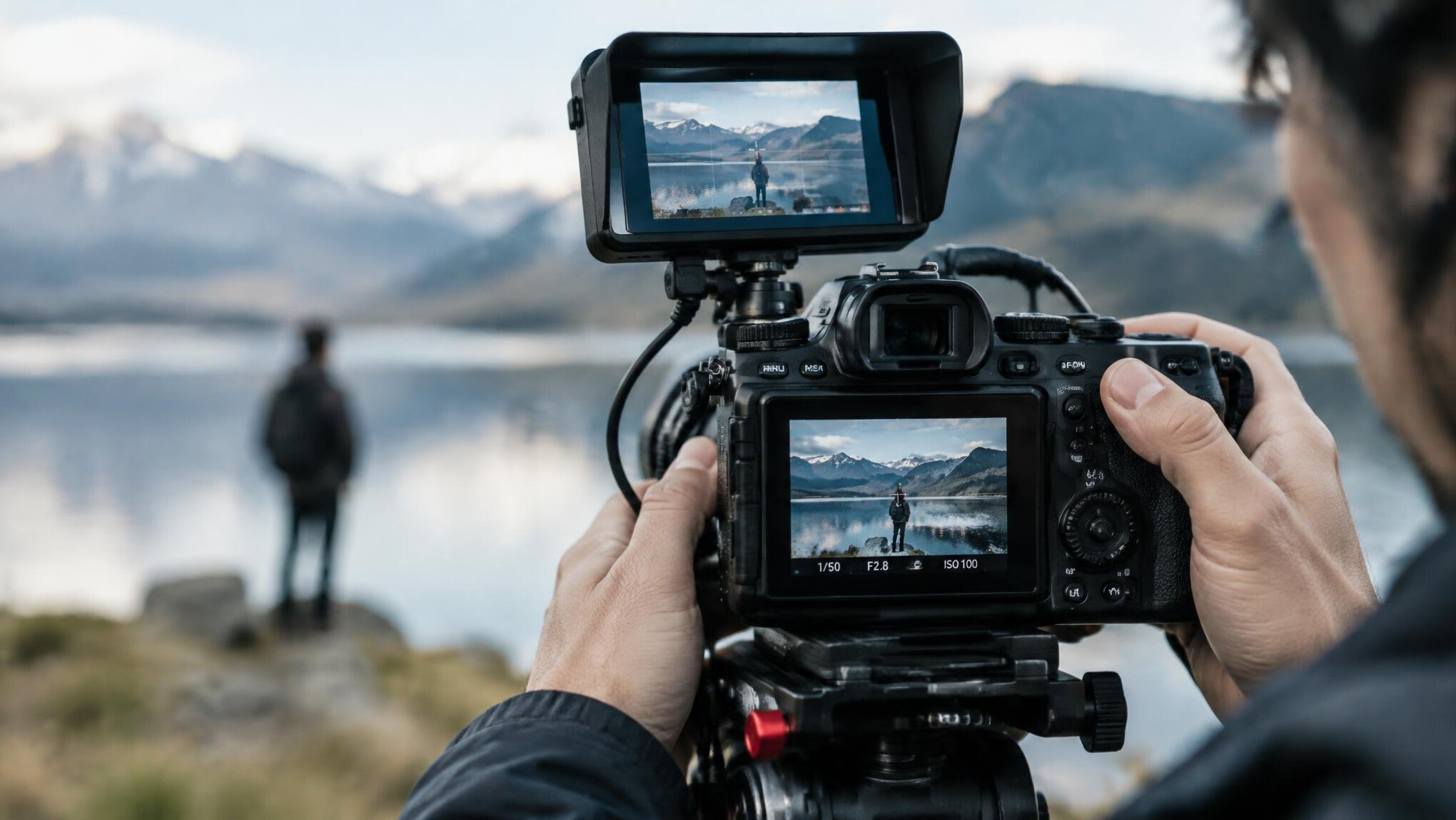 Photographer holding a camera and framing a shot outdoors