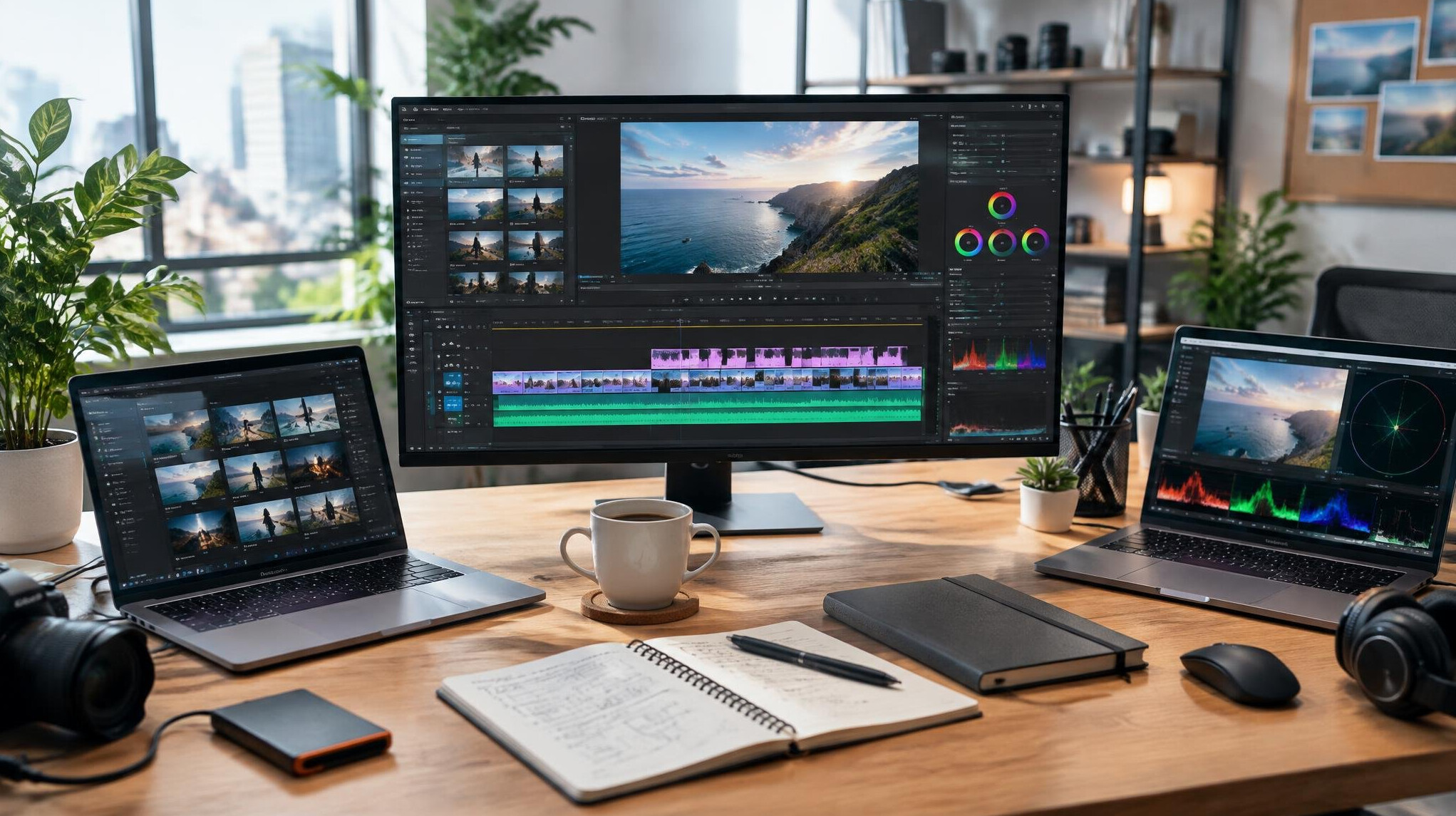 People working at laptops reviewing footage in a bright office