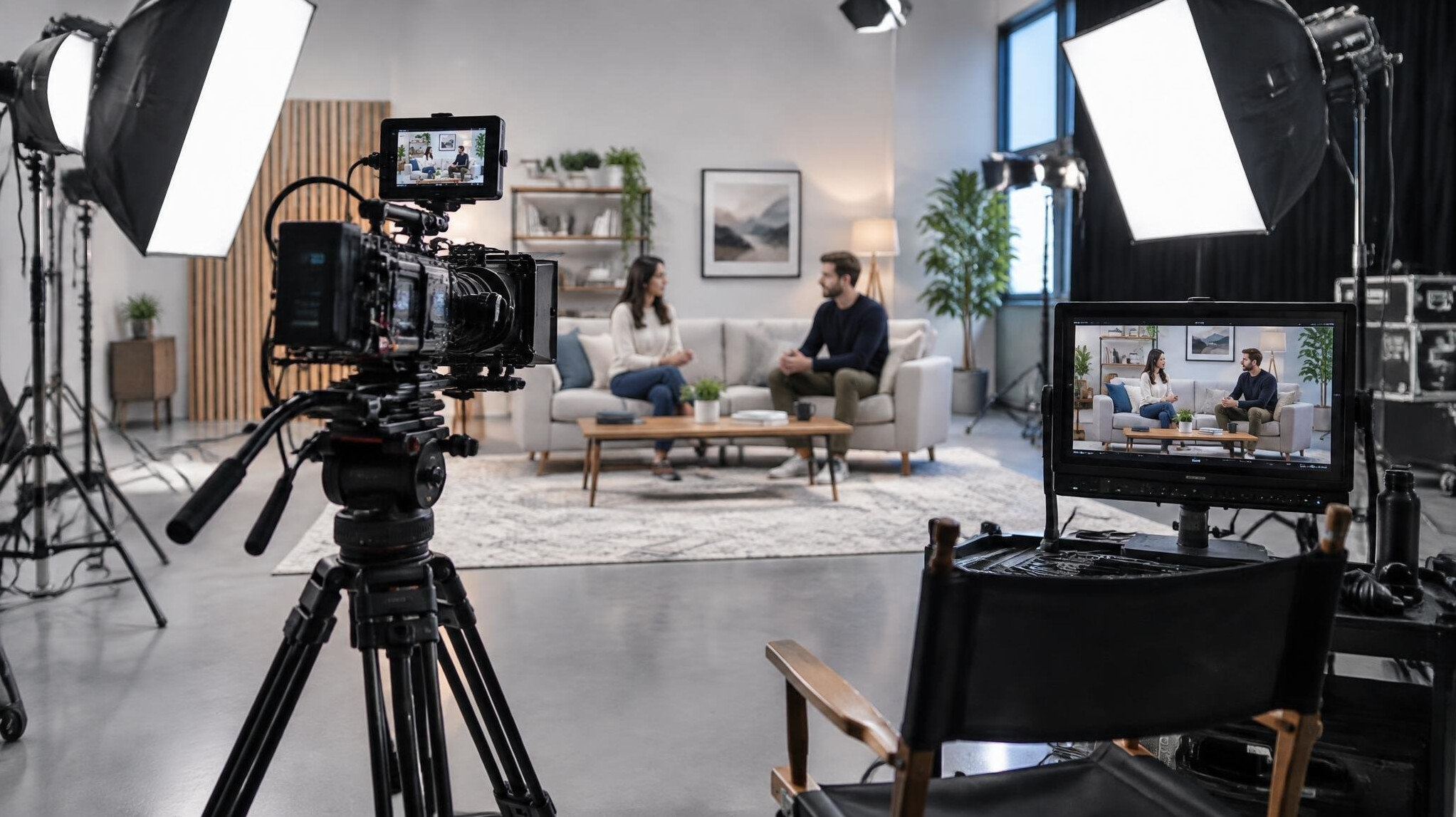 Film crew shooting a scene with a professional camera on a set